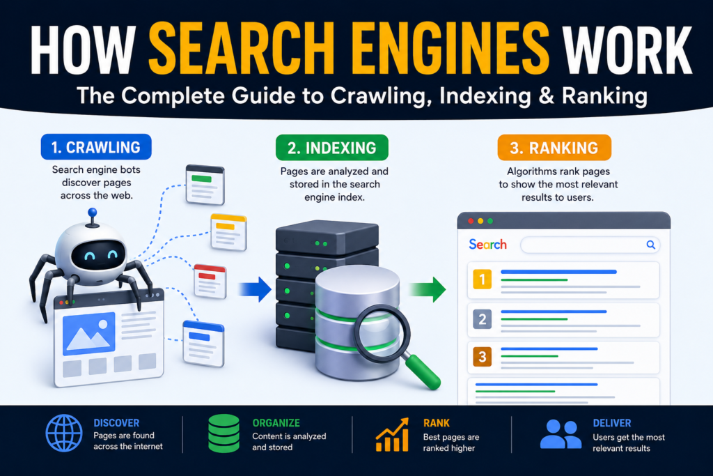 Illustration showing how search engines work through crawling, indexing, and ranking web pages for search results.