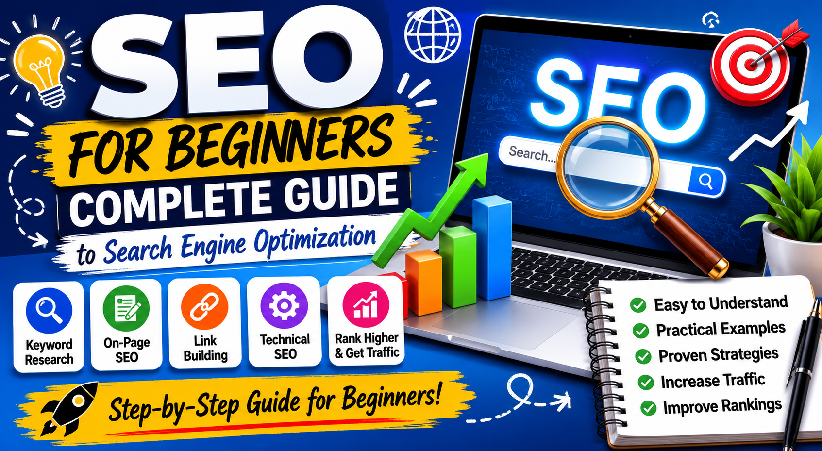 SEO for Beginners Complete Guide infographic featuring keyword research, on-page SEO, technical SEO, link building, website rankings, organic traffic growth, and search engine optimization strategies displayed on a laptop with analytics charts."