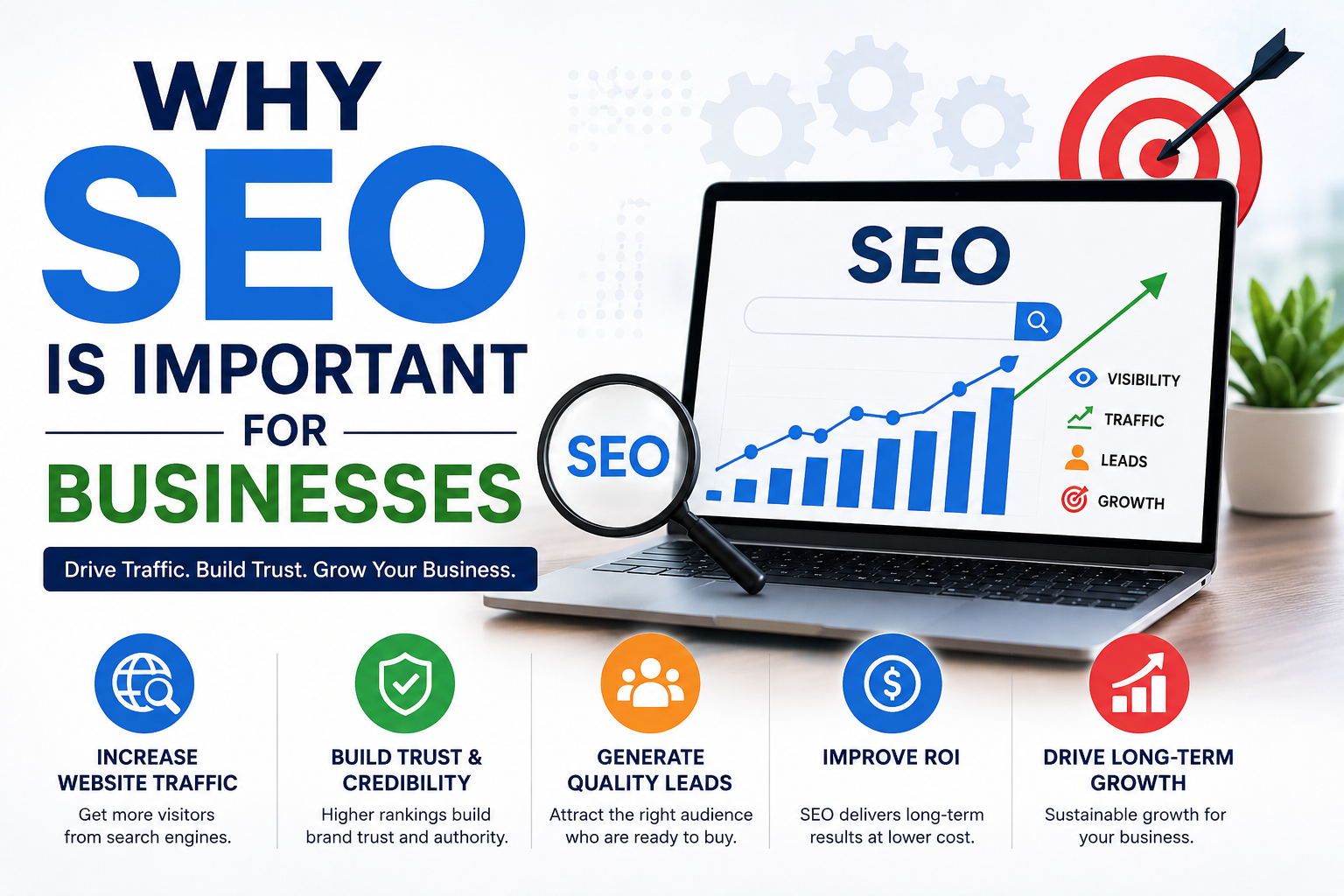 Infographic showing why SEO is important for businesses, highlighting increased website traffic, lead generation, brand credibility, higher Google rankings, improved ROI, and long-term business growth.
