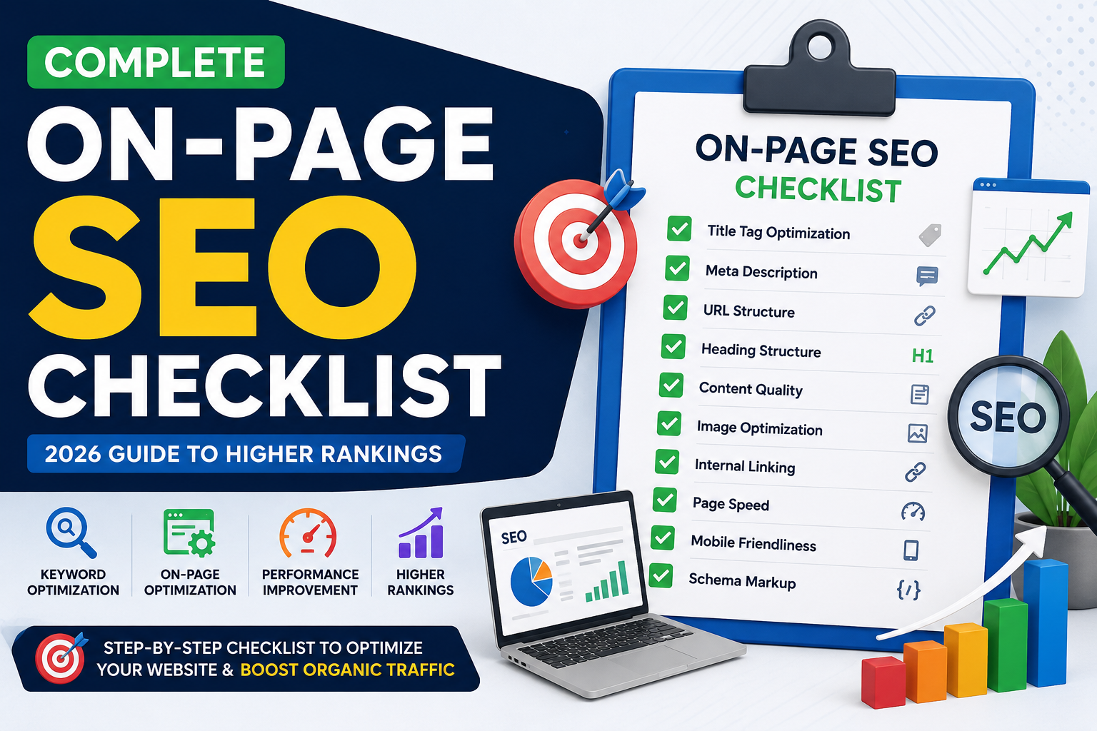 Complete On-Page SEO Checklist infographic banner showing SEO optimization steps including title tag, meta description, URL structure, content quality, internal linking, page speed, mobile friendliness, and schema markup for higher Google rankings in 2026.