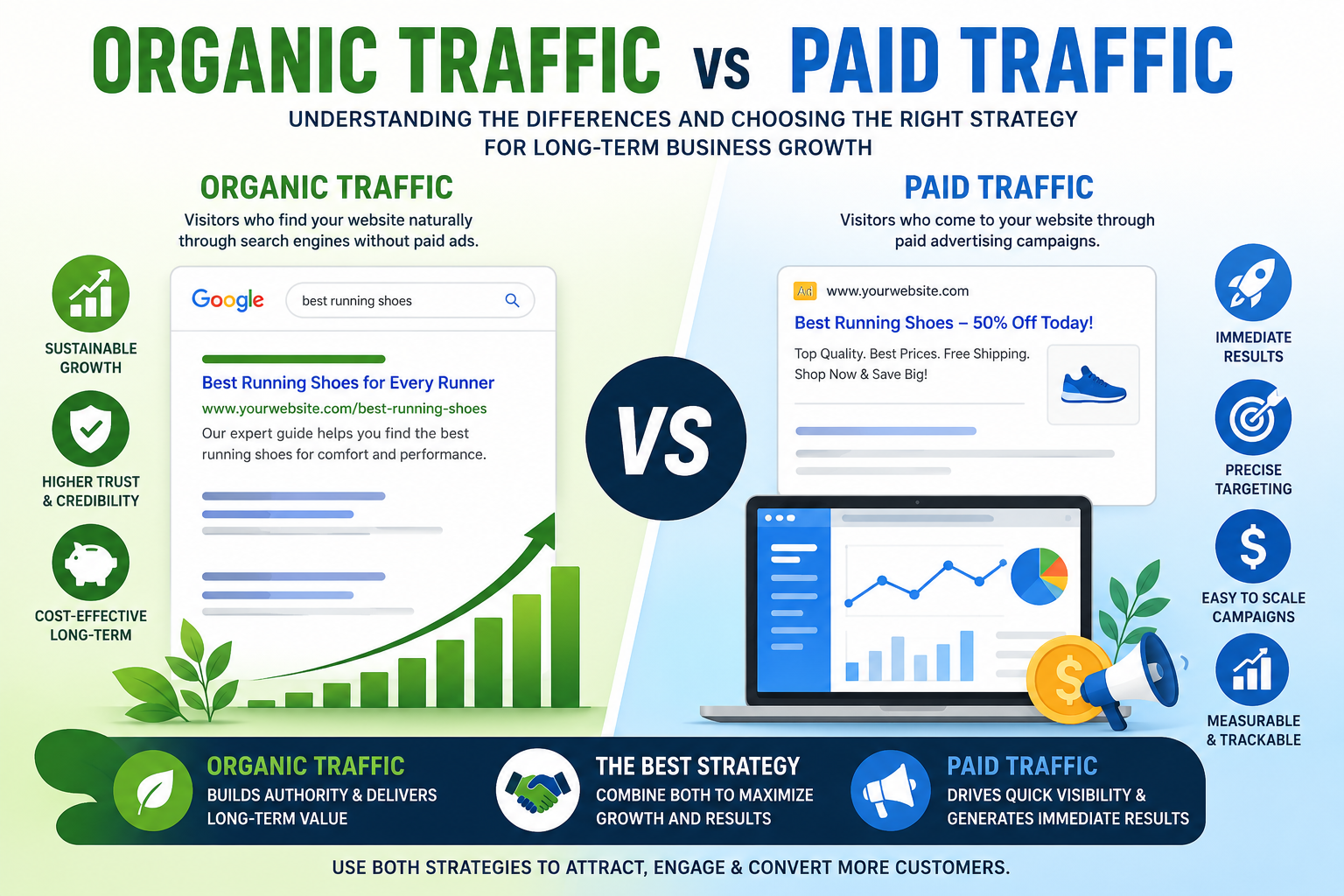Organic Traffic vs Paid Traffic infographic comparing SEO-driven organic website traffic with PPC paid advertising, highlighting benefits, costs, growth, targeting, and business marketing strategies.