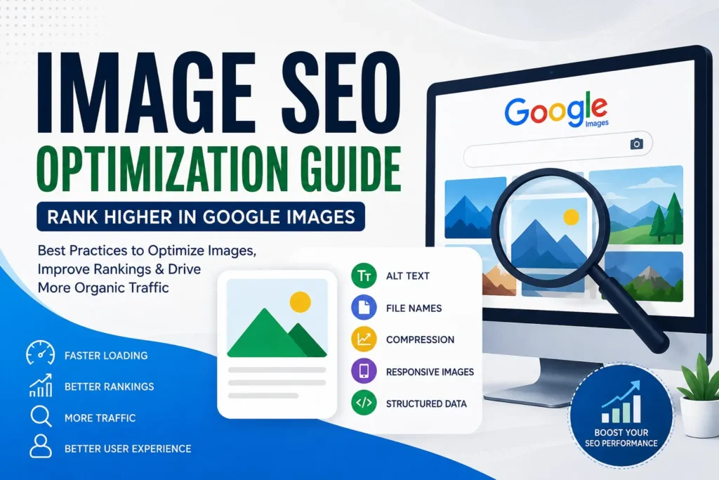 Image SEO Optimization Guide infographic featuring Google Images, alt text optimization, image compression, responsive images, structured data, and strategies to improve search rankings and organic traffic.