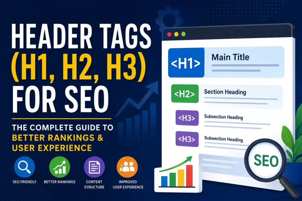 Header Tags (H1, H2, H3) for SEO infographic showing a website page structure with H1, H2, and H3 heading examples, SEO analytics charts, a magnifying glass, and icons representing content organization, improved rankings, and better user experience.