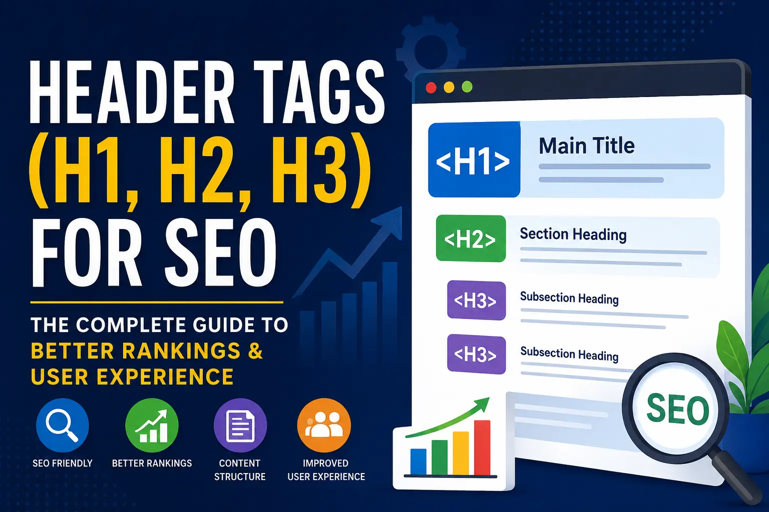 Header Tags (H1, H2, H3) for SEO infographic showing a website page structure with H1, H2, and H3 heading examples, SEO analytics charts, a magnifying glass, and icons representing content organization, improved rankings, and better user experience.