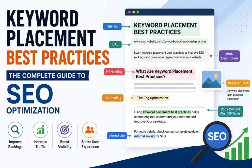 Keyword Placement Best Practices infographic showing SEO optimization techniques, including title tags, URLs, headings, meta descriptions, internal links, image alt text, and content keyword placement to improve search rankings and organic traffic.