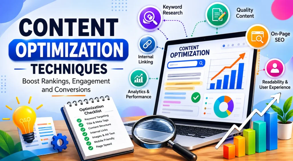 Content Optimization Techniques infographic showing SEO, keyword research, analytics, and content performance optimization.