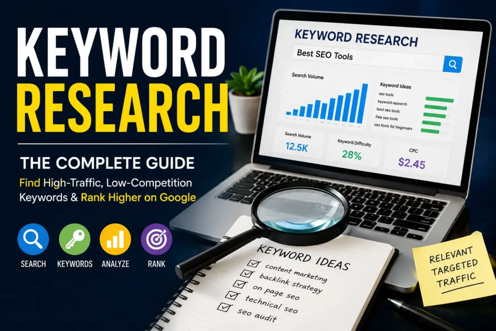 Keyword research feature image showing an SEO dashboard on a laptop with search volume, keyword difficulty, and keyword ideas metrics. A magnifying glass, keyword planning notebook,