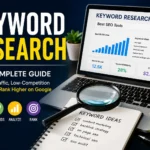 Keyword research feature image showing an SEO dashboard on a laptop with search volume, keyword difficulty, and keyword ideas metrics. A magnifying glass, keyword planning notebook,