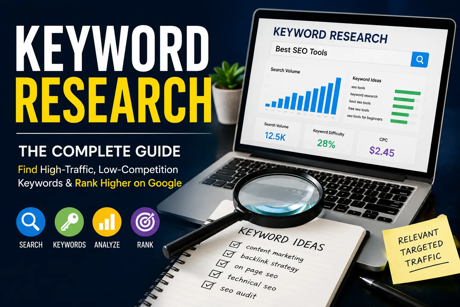 Keyword research feature image showing an SEO dashboard on a laptop with search volume, keyword difficulty, and keyword ideas metrics. A magnifying glass, keyword planning notebook,