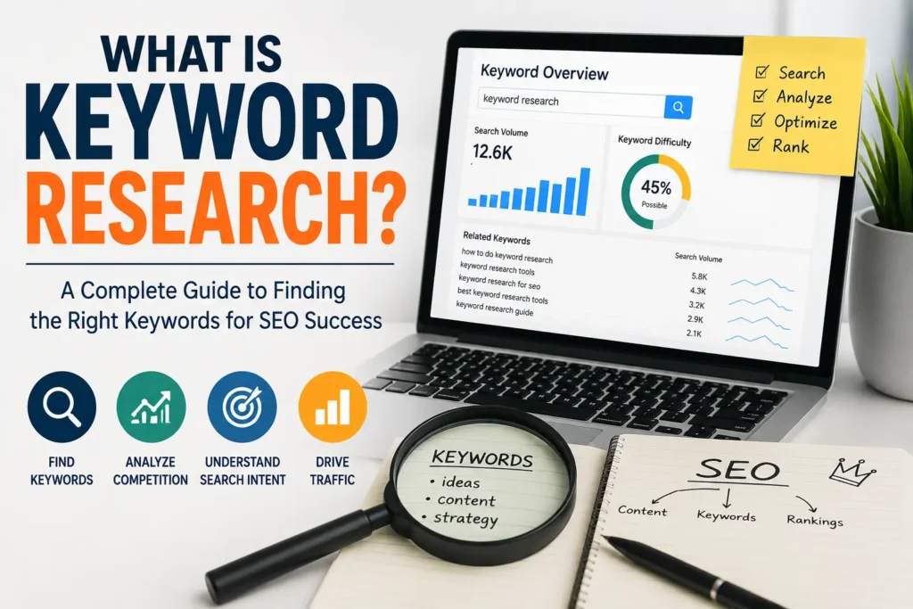 Keyword research SEO feature image showing a laptop with keyword analytics dashboard, search volume charts, keyword difficulty metrics, and SEO planning notes. A magnifying glass highlights keyword strategy while icons represent keyword discovery