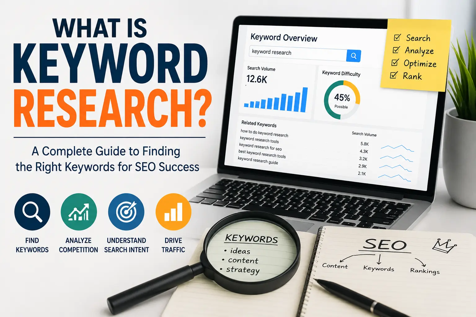 Keyword research SEO feature image showing a laptop with keyword analytics dashboard, search volume charts, keyword difficulty metrics, and SEO planning notes. A magnifying glass highlights keyword strategy while icons represent keyword discovery