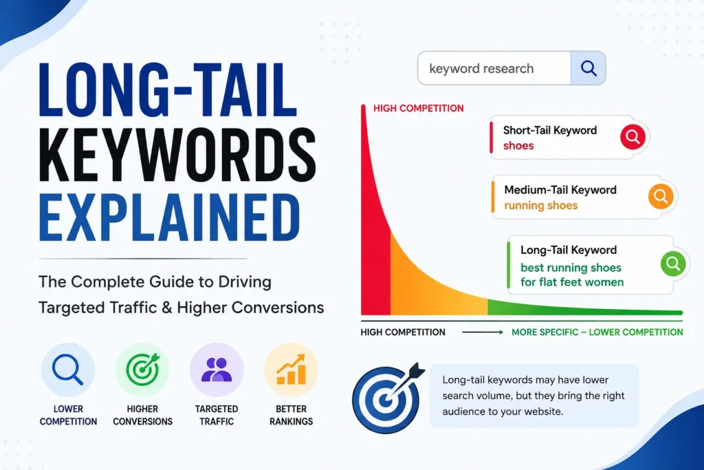 Long-tail keywords explained infographic showing keyword research strategy, search intent, lower competition, targeted traffic, and higher conversion rates for SEO.
