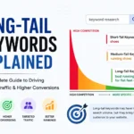 Long-tail keywords explained infographic showing keyword research strategy, search intent, lower competition, targeted traffic, and higher conversion rates for SEO.