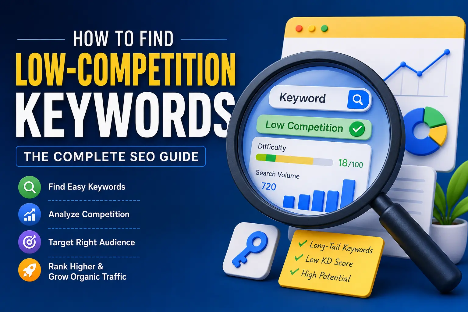 How to Find Low-Competition Keywords SEO guide with keyword research, search volume analysis, and competition metrics dashboard