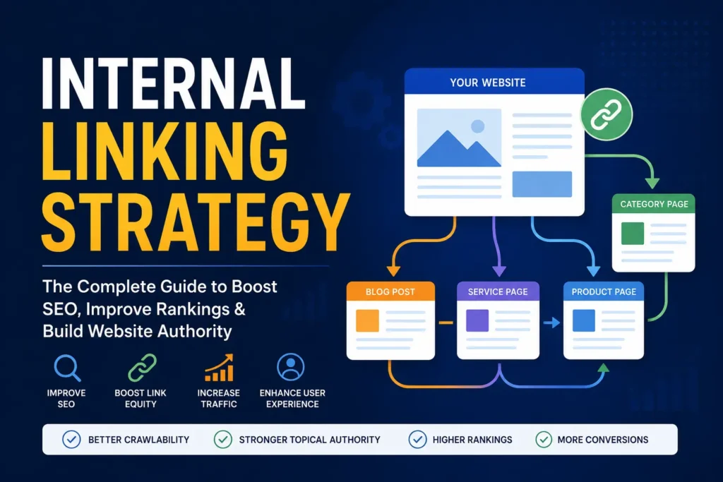 Internal Linking Strategy infographic showing a website homepage linking to category, blog, service, and product pages through a structured internal linking network to improve SEO, website authority, crawlability, rankings, and user experience.