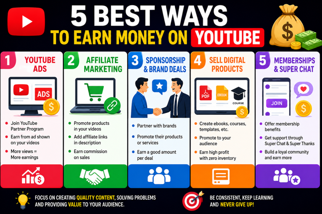 Person earning money through YouTube monetization using ads, sponsorships, and affiliate marketing