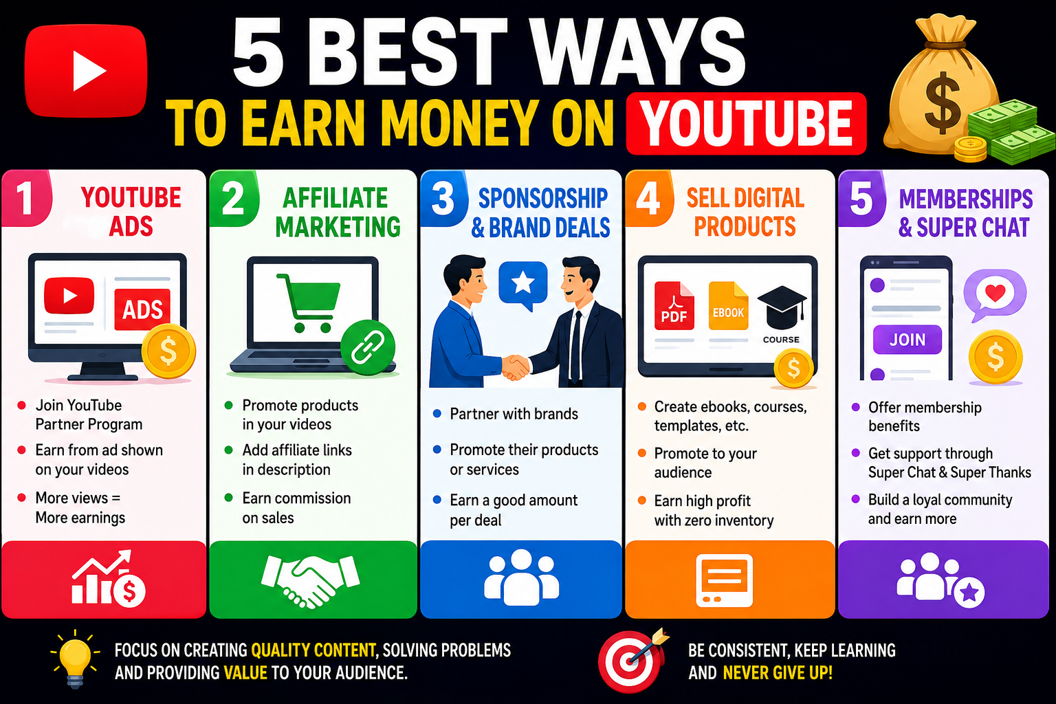 Person earning money through YouTube monetization using ads, sponsorships, and affiliate marketing