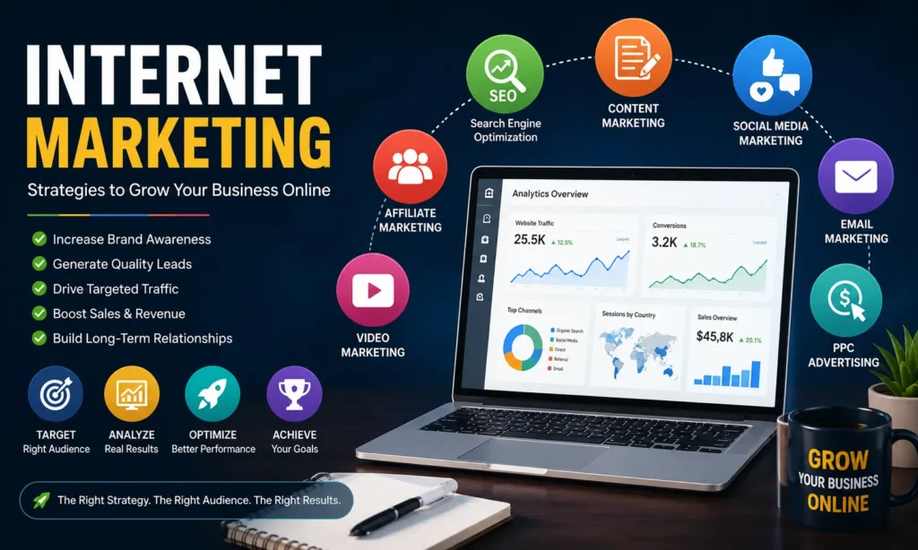 Internet Marketing Guide 2026 showing SEO, content marketing, social media marketing, PPC advertising, email marketing, AI tools, analytics dashboard, and online business growth.