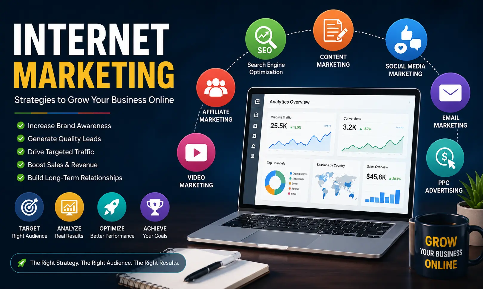 Internet Marketing Guide 2026 showing SEO, content marketing, social media marketing, PPC advertising, email marketing, AI tools, analytics dashboard, and online business growth.