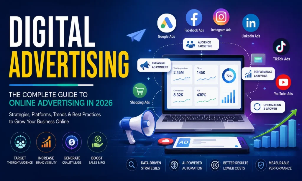 Digital Advertising guide showing Google Ads, social media advertising, AI-powered marketing, analytics dashboard, PPC campaigns, and online business growth in 2026.