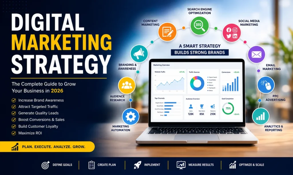 Digital marketing strategy illustration featuring SEO, content marketing, social media marketing, email marketing, PPC advertising, AI tools, analytics dashboard, and business growth planning.