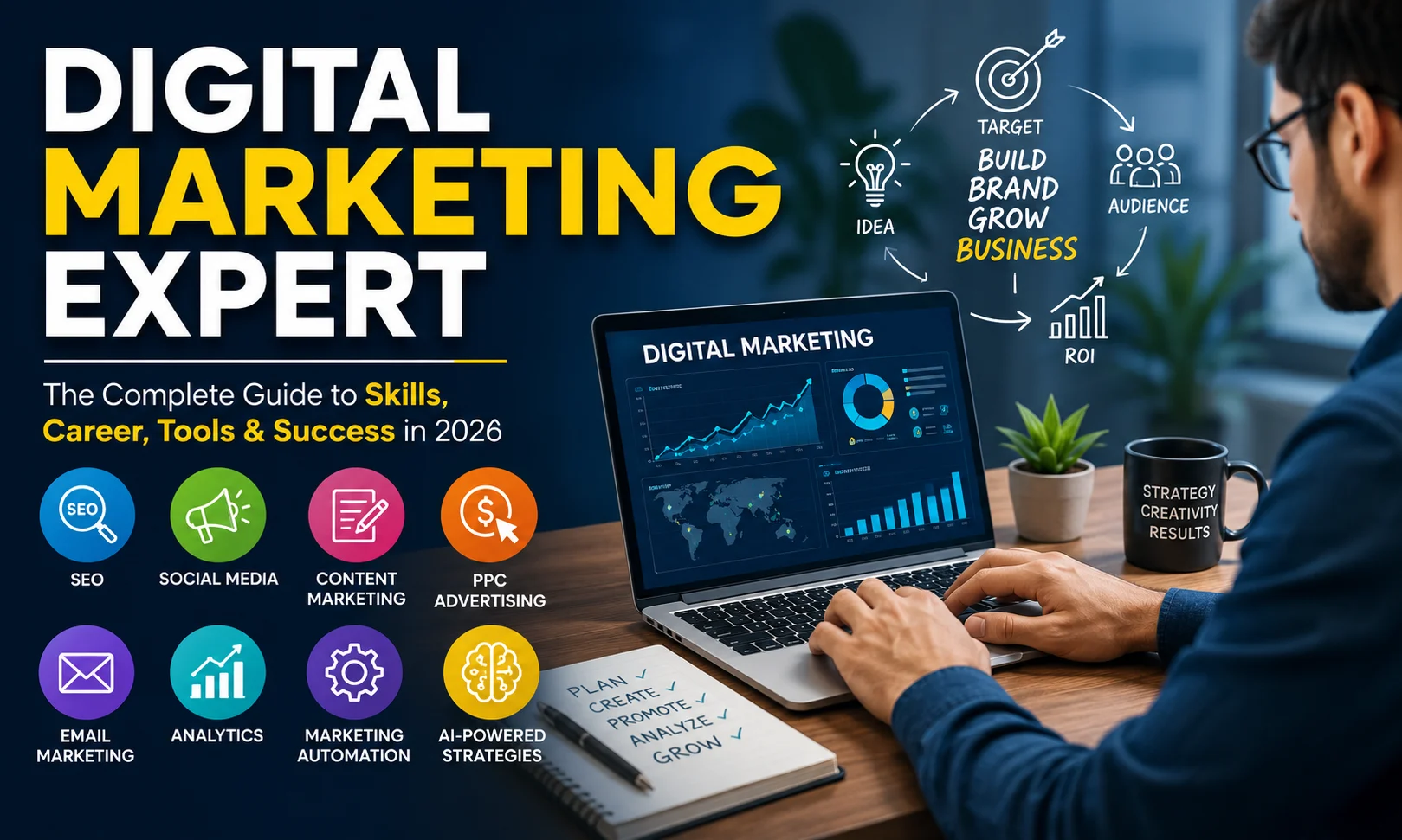 Professional Digital Marketing Expert working on SEO, content marketing, social media, PPC advertising, analytics, AI tools, and online business growth in 2026.