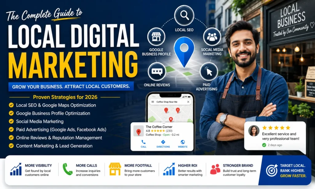 Professional local digital marketing illustration showing Local SEO, Google Business Profile, Google Maps, social media marketing, online reviews, and digital advertising helping a local business attract nearby customers in 2026.