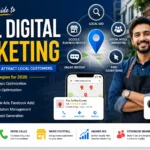 Professional local digital marketing illustration showing Local SEO, Google Business Profile, Google Maps, social media marketing, online reviews, and digital advertising helping a local business attract nearby customers in 2026.