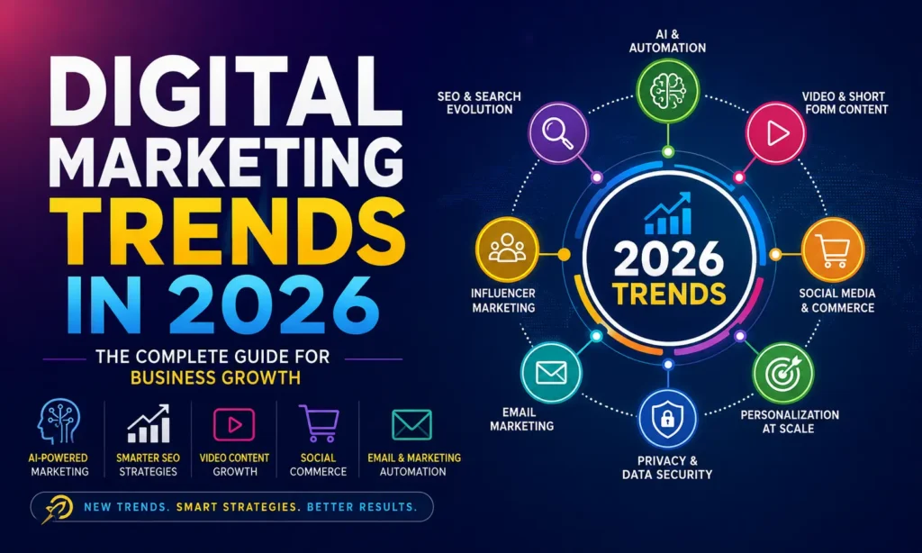 Digital Marketing Trends in 2026 featuring AI marketing, SEO, social media marketing, content marketing, video marketing, email marketing, and business growth strategies.