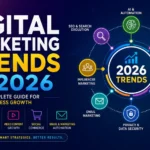 Digital Marketing Trends in 2026 featuring AI marketing, SEO, social media marketing, content marketing, video marketing, email marketing, and business growth strategies.