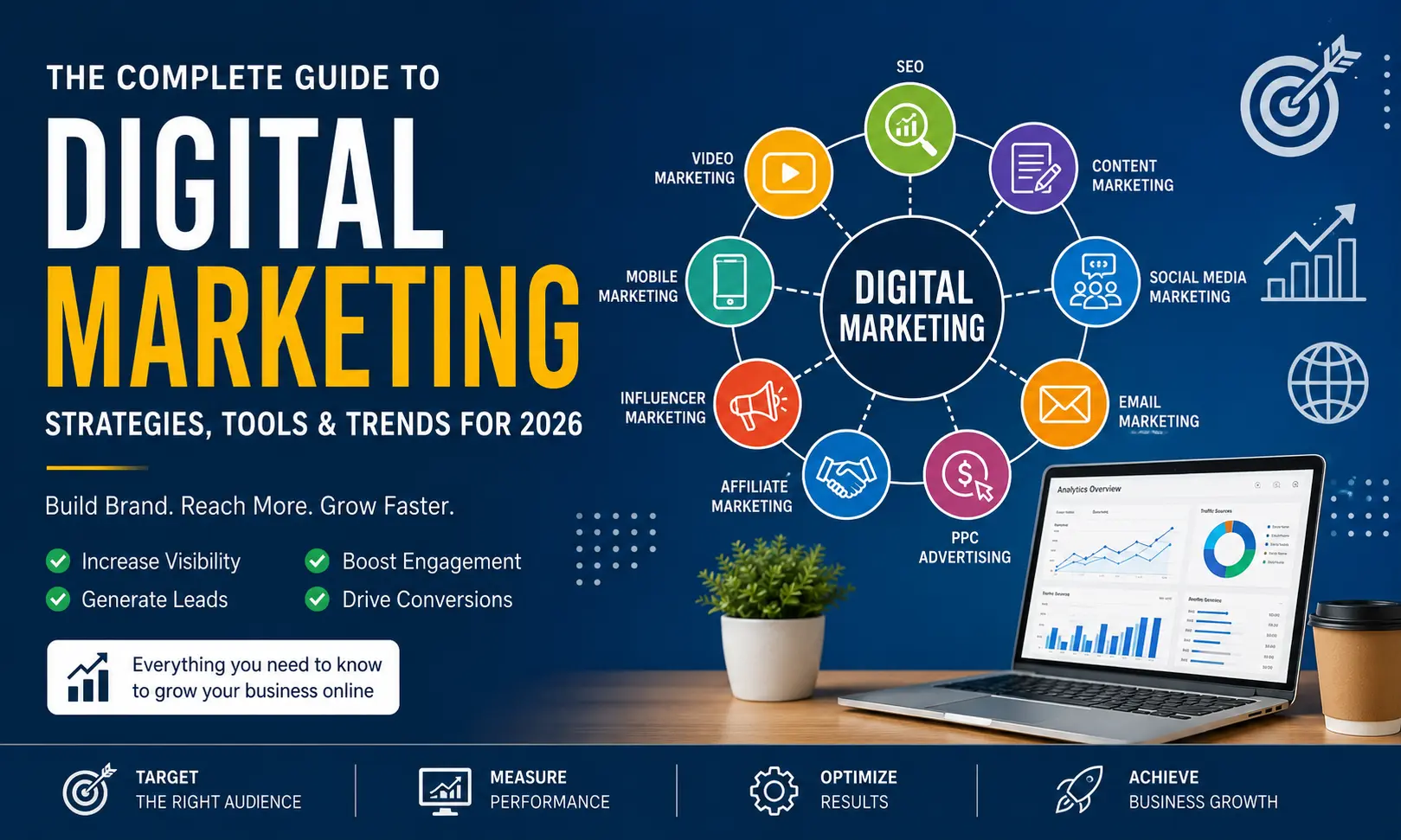 Professional digital marketing illustration showing SEO, content marketing, social media marketing, PPC advertising, email marketing, AI, analytics dashboard, and online business growth strategies.