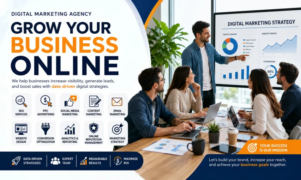 Professional digital marketing agency team discussing SEO, PPC advertising, social media marketing, content strategy, analytics, and business growth during a modern office meeting.