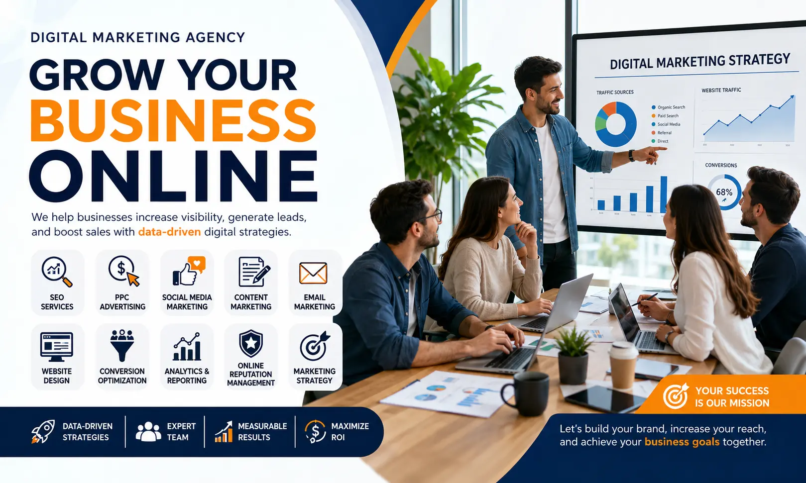 Professional digital marketing agency team discussing SEO, PPC advertising, social media marketing, content strategy, analytics, and business growth during a modern office meeting.