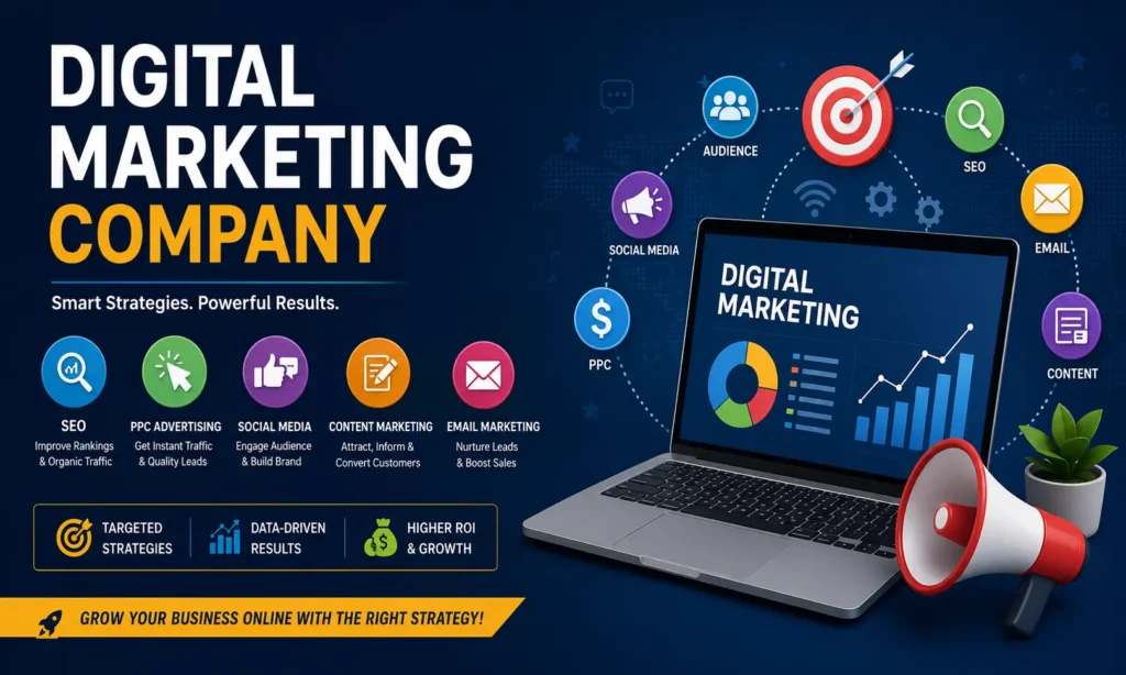 Professional digital marketing company offering SEO, PPC, social media marketing, content marketing, email marketing, and business growth strategies in 2026.