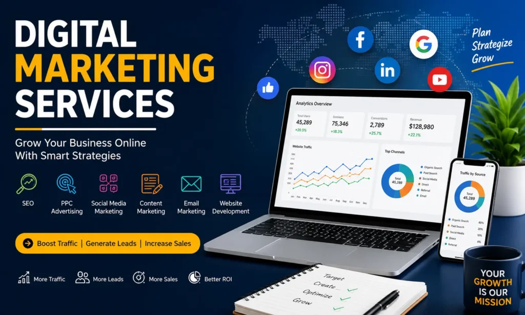 Professional digital marketing services featuring SEO, PPC advertising, social media marketing, content marketing, email marketing, website analytics, and online business growth.