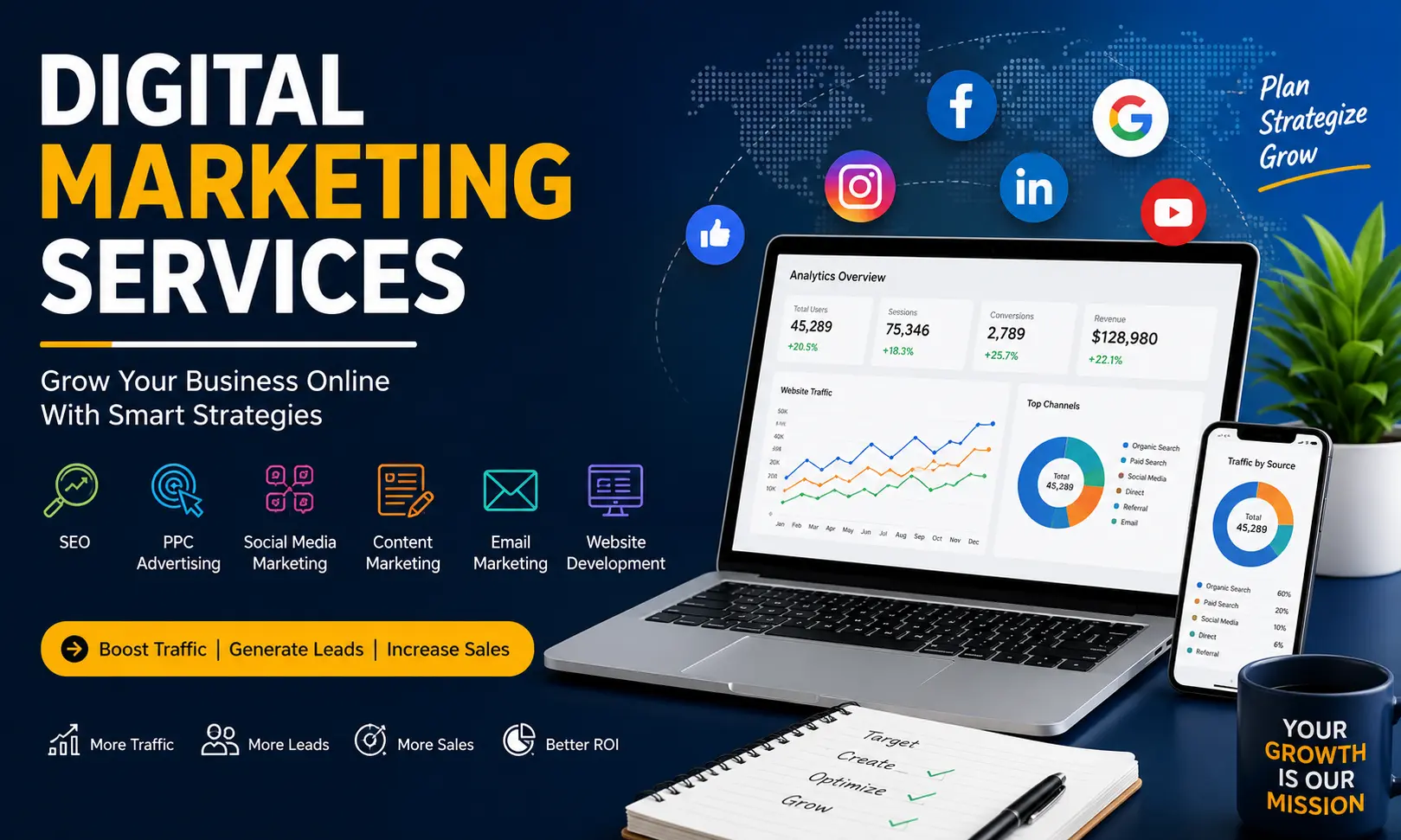 Professional digital marketing services featuring SEO, PPC advertising, social media marketing, content marketing, email marketing, website analytics, and online business growth.