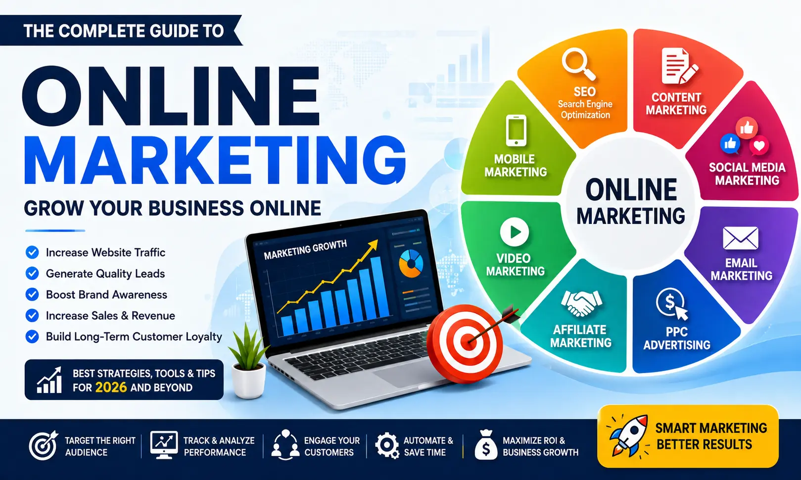 Professional online marketing illustration showing SEO, content marketing, social media marketing, email marketing, PPC advertising, AI marketing, and business growth strategies in 2026.